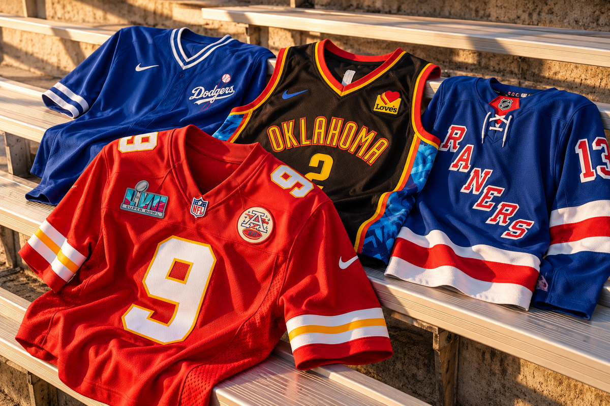 Football, basketball, baseball and hockey jerseys arranged on stadium bleachers